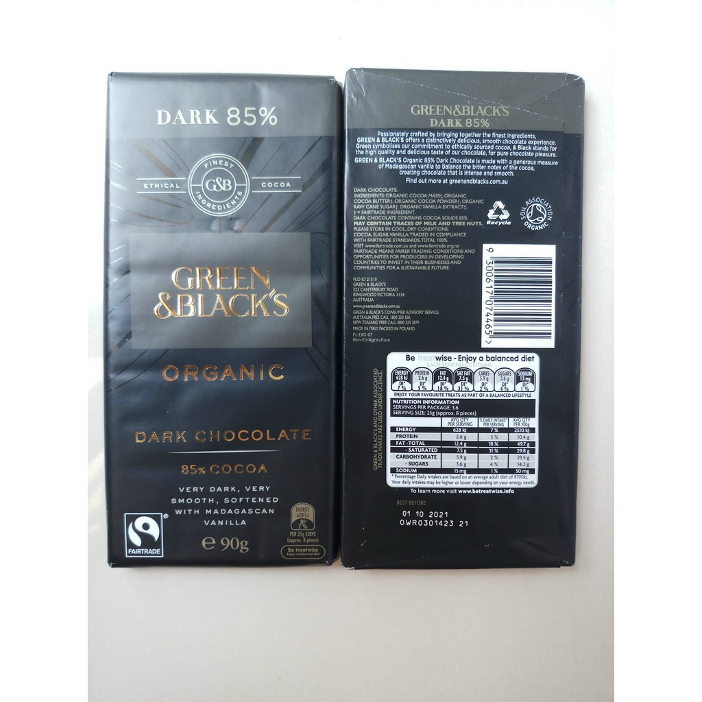 [Hàng nội địa Úc]Chocolate Black & Green organic 85% - thanh 90gr