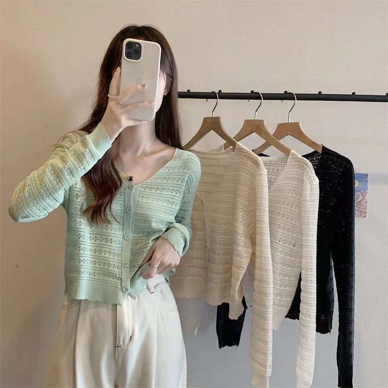 Áo cardigan nữ dệt kim mỏng cổ chữ V mùa thu thiết kế mới nữ tính xinh xắn