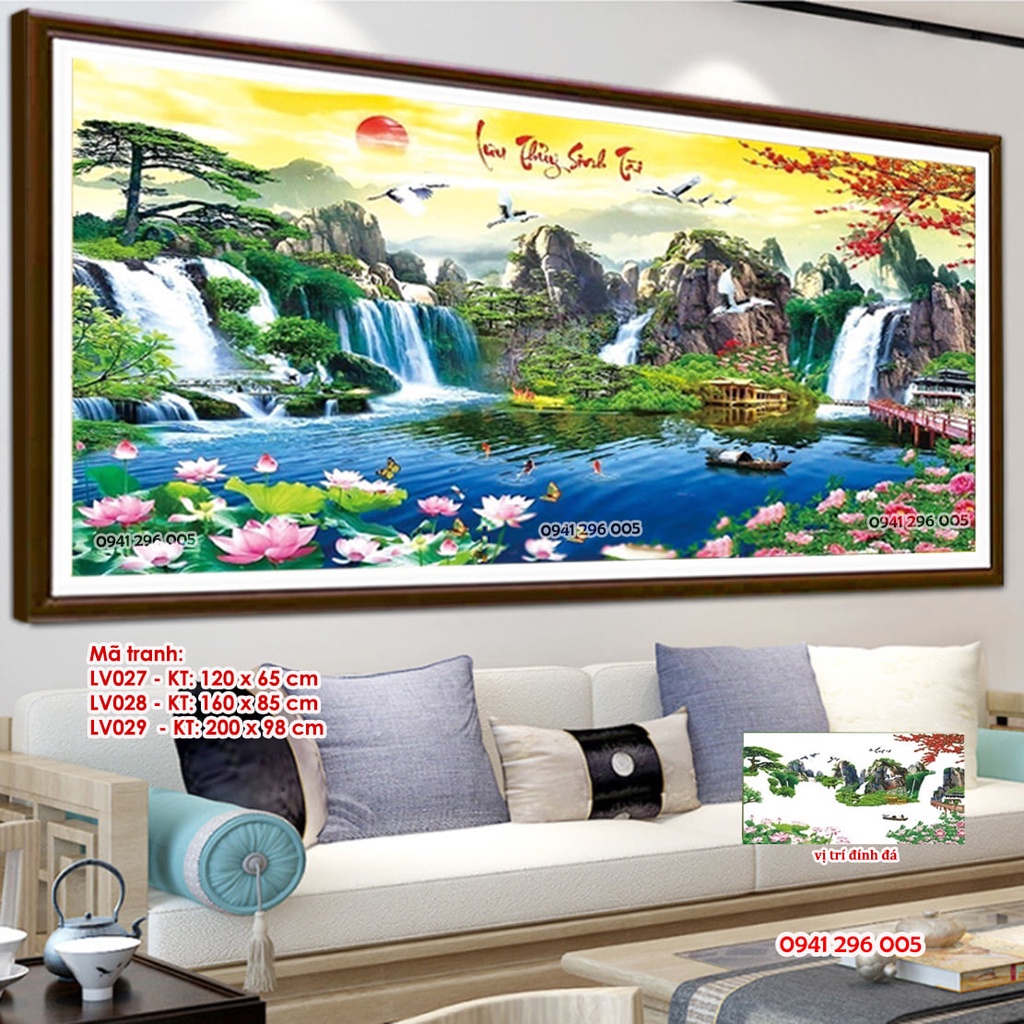 Tranh đính đá phong cảnh Lưu Thủy Sinh Tài LV027, LV028, LV029 - tranh chưa đính đá