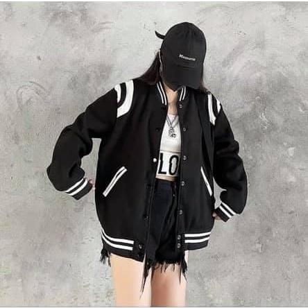Áo Khoác bomber vải nỉ vai phối da cúc bấm unisex đen viền trắng | BigBuy360 - bigbuy360.vn