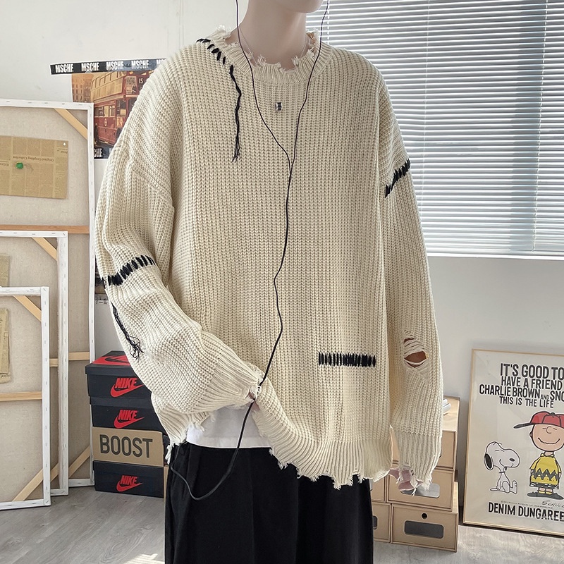 Áo sweater phối rách phong cách đường phố thời trang thu đông cho cặp đôi