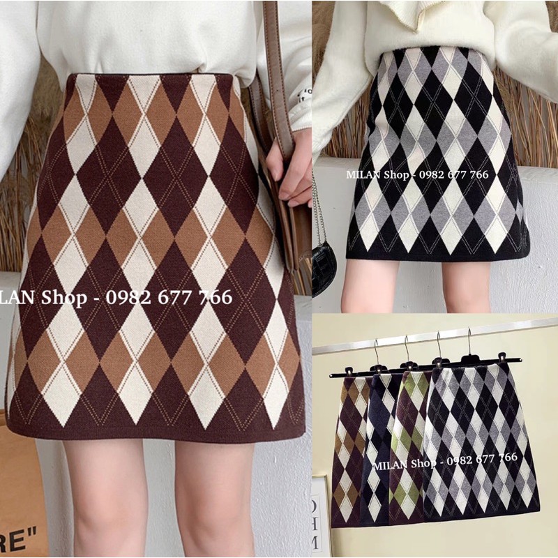 Chân váy len ngắn dệt trám 2 kiểu style