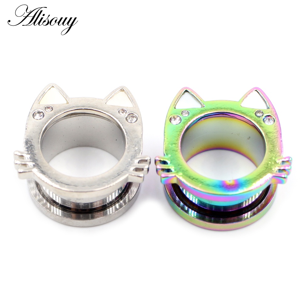 Alisouy Set 2 Khuyên Nong Tai Hình Mèo Bằng Thép Không Gỉ 6-16mm