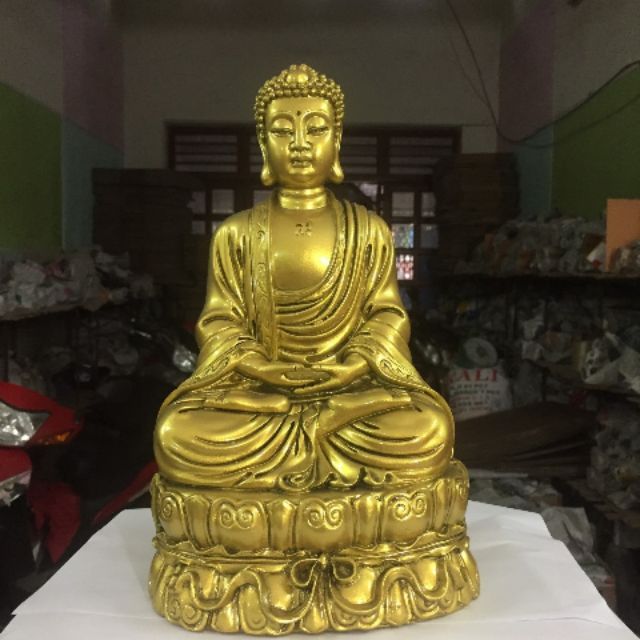 Tượng đá thờ cúng Phật ông ngồi cao 30cm sơn nhũ đồng P42