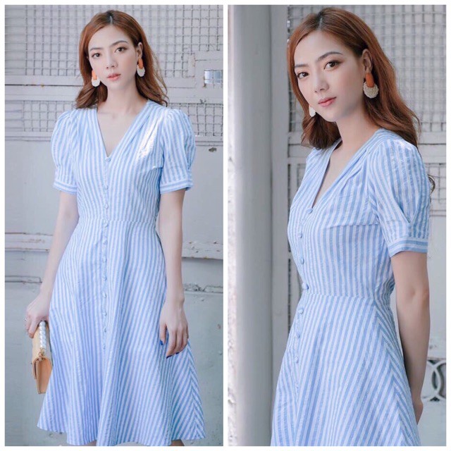 Đầm váy freesize sọc xanh nút bọc