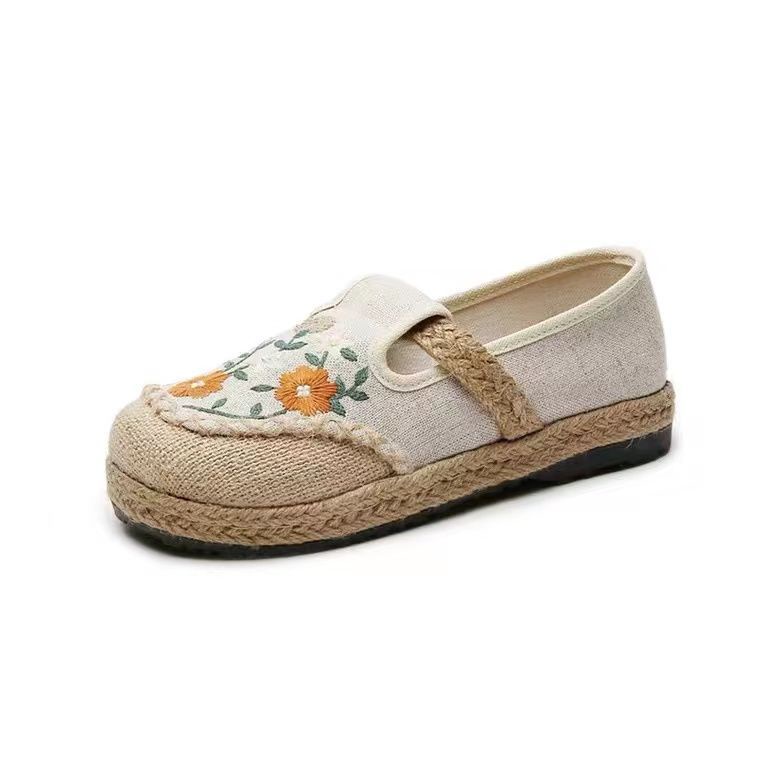 Giày Lười Vải Lanh Thoáng Khí Mũi Tròn Thêu Họa Tiết Thổ Cẩm Retro Cho Nữ