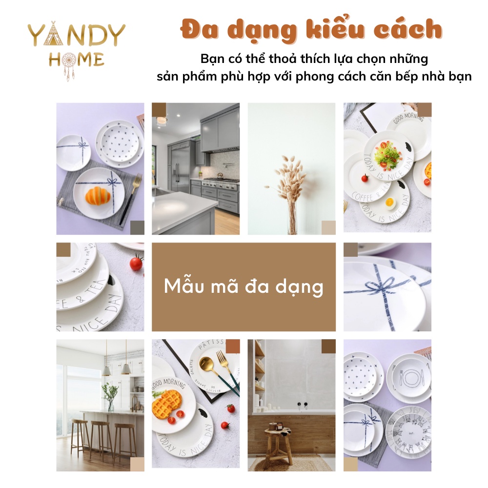 Đĩa gốm sứ YANDY HOME D04 hình tròn dĩa gốm màu trắng chữ cái trái tim men bóng đẹp dùng được trong lò vi sóng