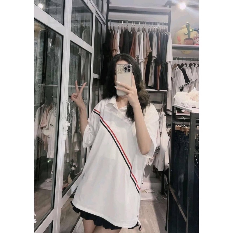 Áo thun nam nữ polo unisex tay lỡ form rộng phối viền sọc