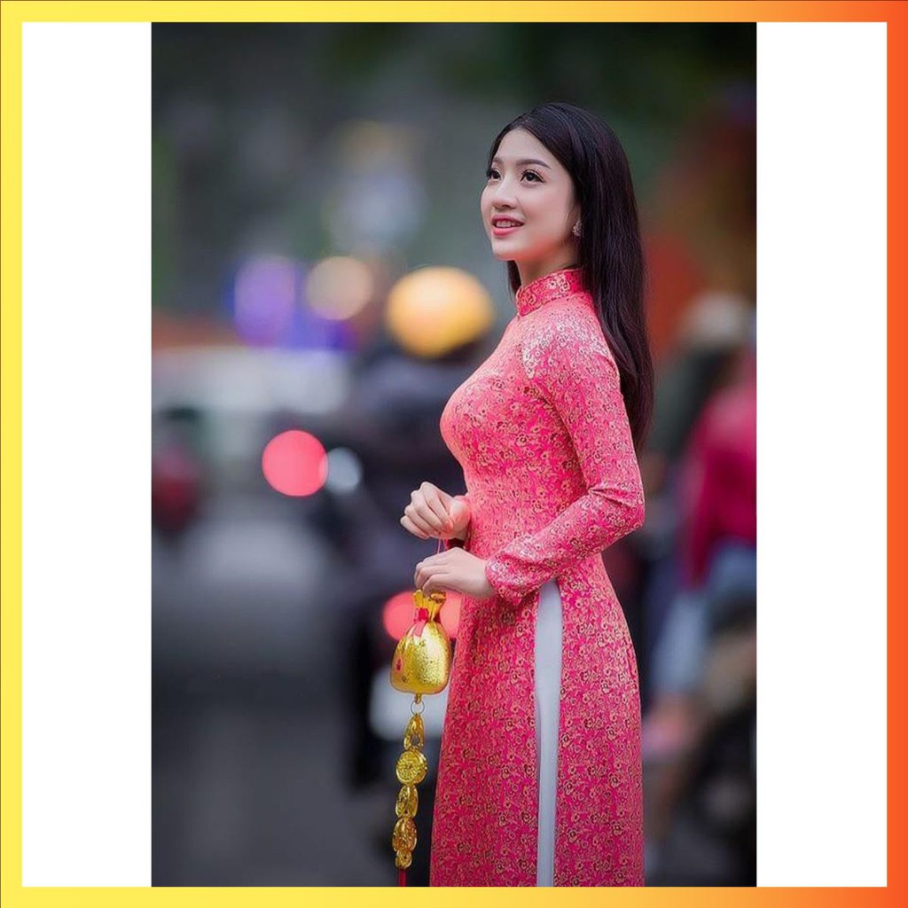 Áo dài truyền thống gấm phước thịnh may sẵn, nhận cắt áo dài ADG2TT-Hồng