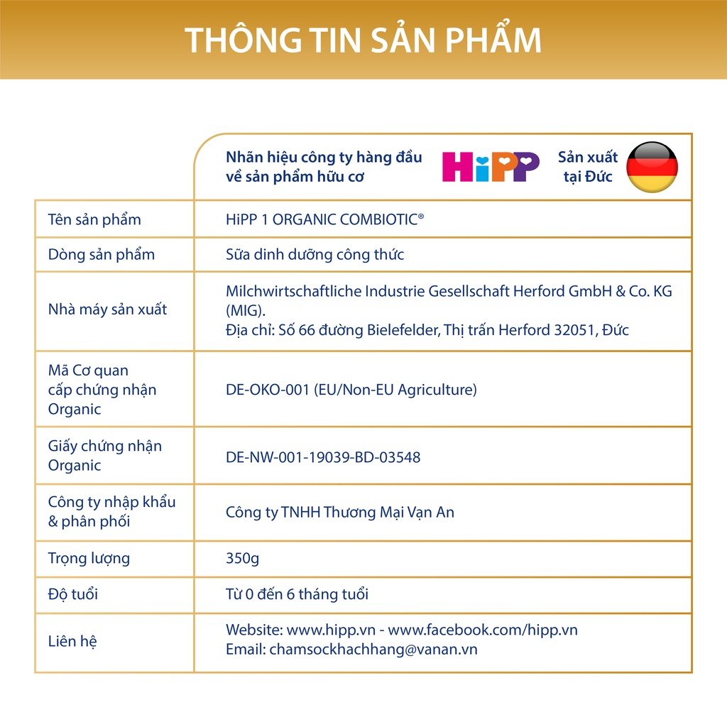 Thùng 4 lon Sữa bột dinh dưỡng công thức HiPP 1 Organic Combiotic 350g bổ sung DHA & ARA (4 lon x 350g)