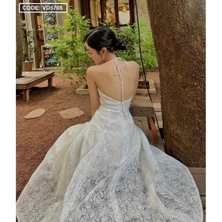Đầm maxi cổ yếm hoa nổ hở lưng (hàng cao cấp)