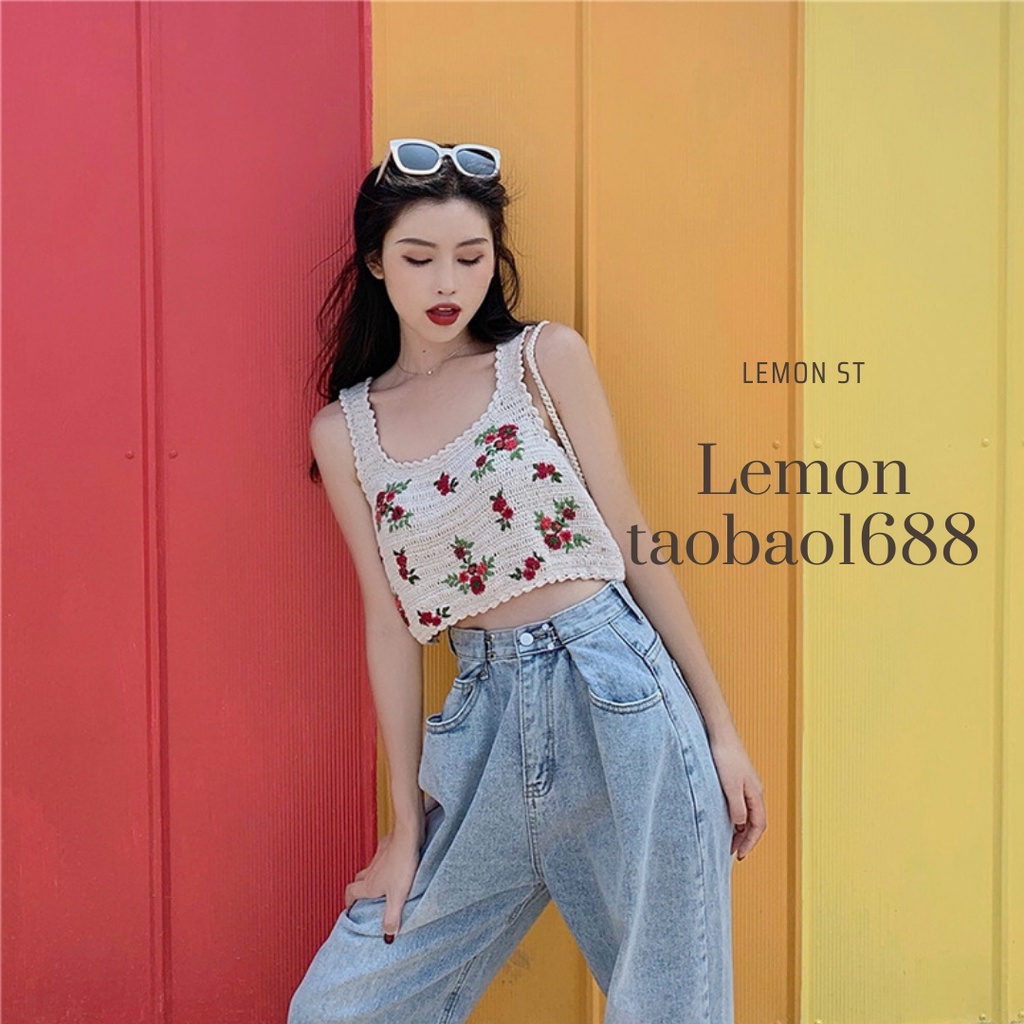 [ Sẵn ] Ảnh thật Áo ba lỗ dệt kim thêu hoa đi biển chất đẹp Lemontaobao1688