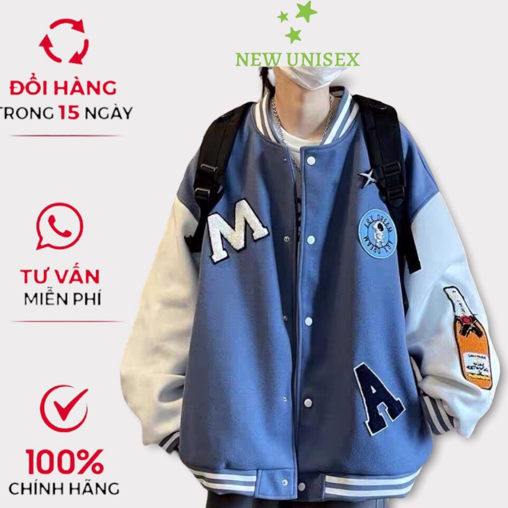 Áo Khoác Bomber Nam Nữ Chất Vải Nỉ Cúc Bấm Họa Tiết Chữ M Trắng Chữ A Đen Hot Trend