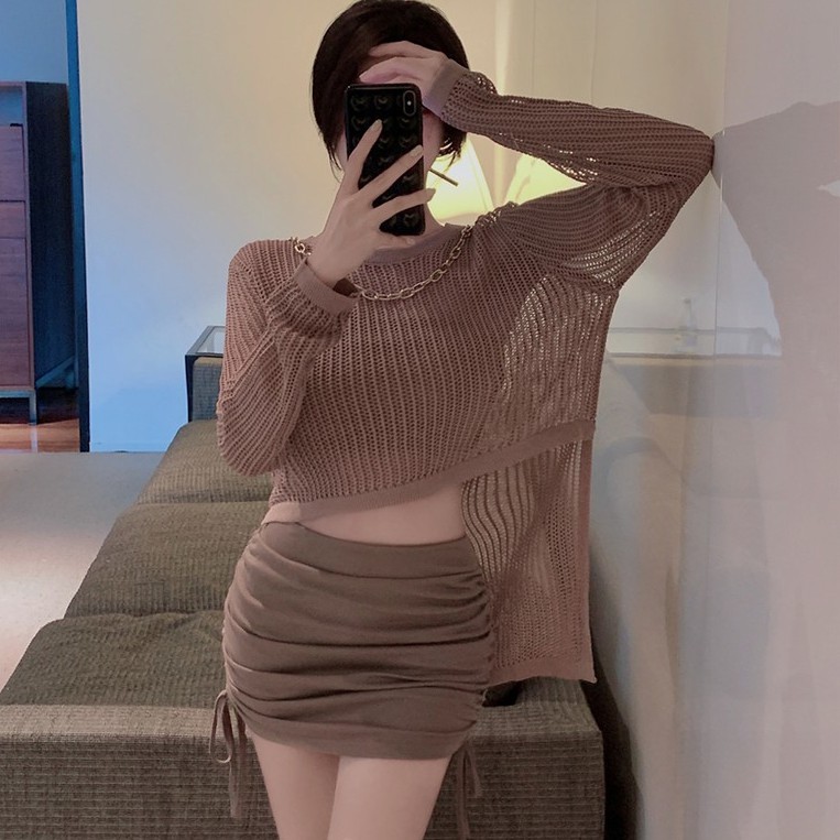 Áo Sweater Tay Dài Vạt Không Đều Phong Cách Hàn Quốc/ Váy Xếp Ly Thời Trang Tôn Đôi Chân Dài Cho Nữ