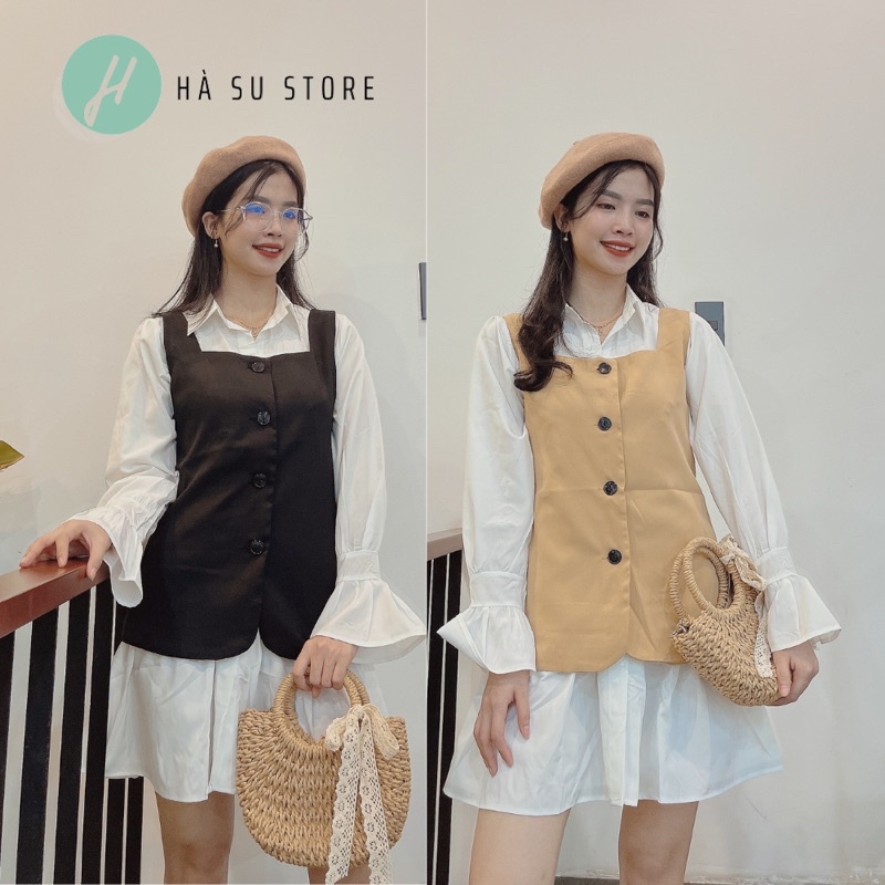 Set Váy Yếm Tiểu Thư Váy Sơ Mi Xếp Ly Đuôi Cá + Áo Gile Yếm Phong Cách Ulzzang Hàn Quốc