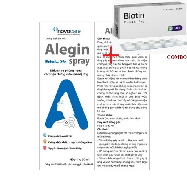 Combo Biotin 5mg+ Xịt Viêm Mũi Dị Ứng ALEGIN – An Toàn Cho Trẻ Nhỏ &amp; Phụ Nữ Có Thai