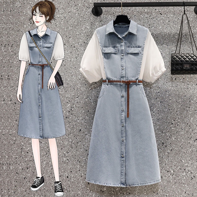 2022 summer new slightly fat sister looks thin, covers the belly and closes the waist, cowboy splicing polo collar dress