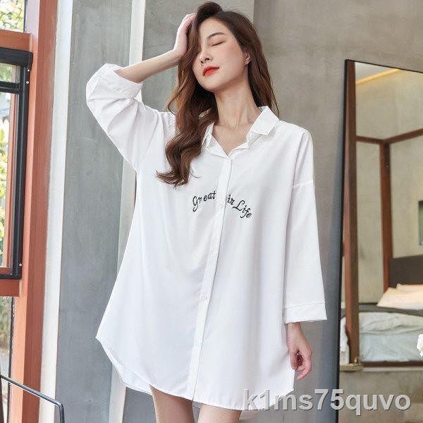 Đồ ngủ nữ ngày băng lụa sexy vẻ đẹp trắng lạnh trong gió lỏng kích thước lớn áo sơ mi kiểu bạn trai aYY