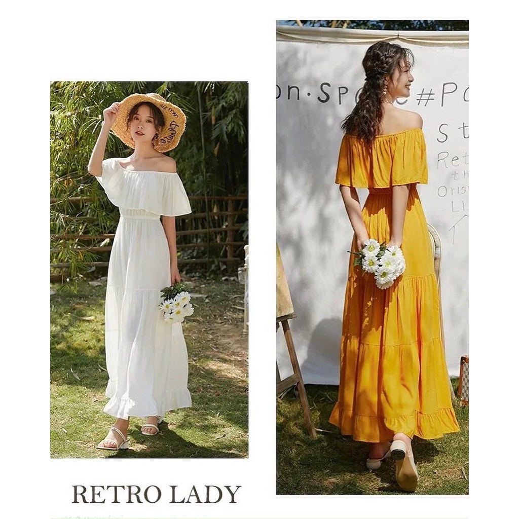 Váy maxi bẹt vai xoè 2 màu phong cách XUKA DRESS