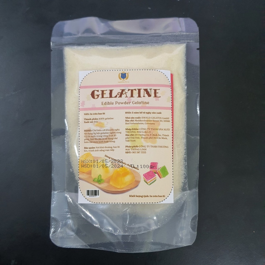 bột gelatine đức 100g làm mousse, tàu hủ, kẹo dẻo, chè khúc bạch