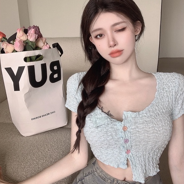 Áo cardigan dệt kim ZHELIHANGFEI tay ngắn lưng cao phong cách thời trang quyến rũ