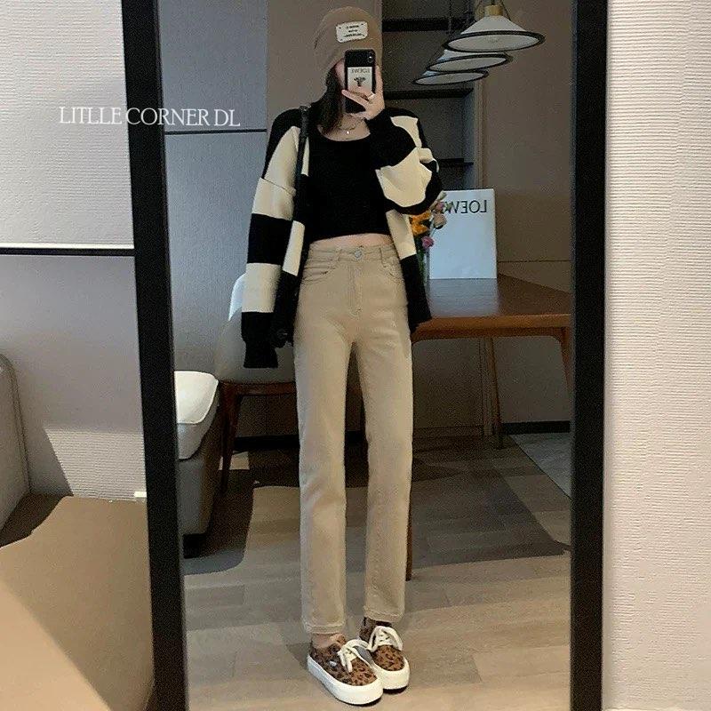 Quần kaki jeans trơn nữ đi học basic vintage chất mềm dáng baggy nhiều màu lưng cao quảng châu