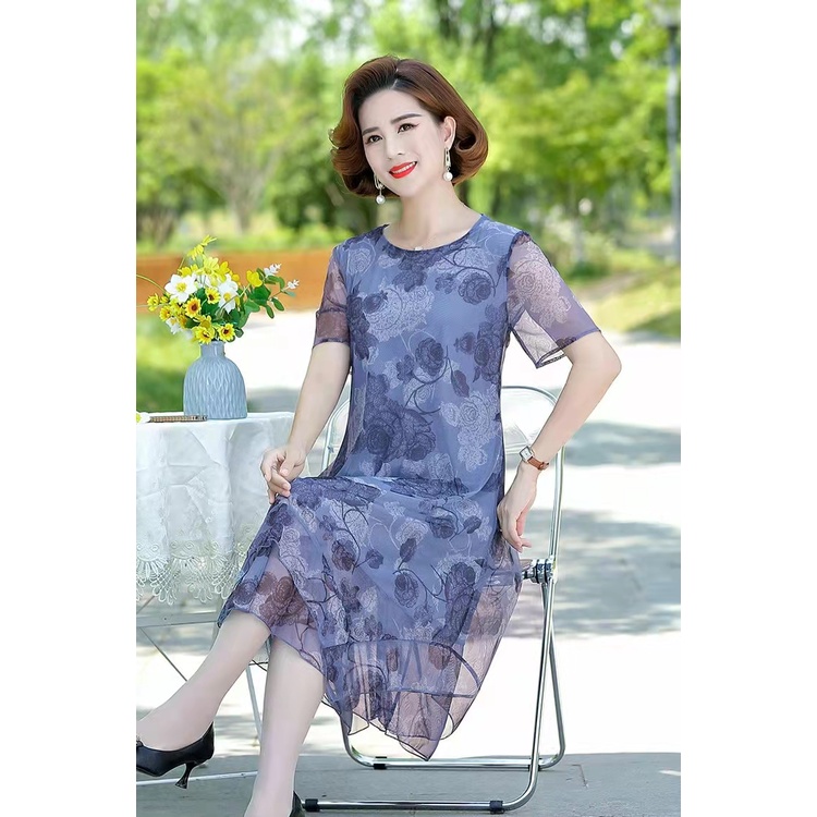 Đầm Hoa Tay Ngắn Dáng Rộng Phối Lưới Plus Size Cho Phụ Nữ Trung Niên