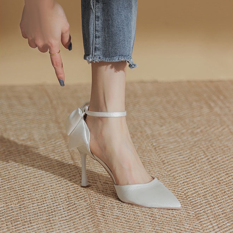 Giày cao gót mũi nhọn vải satin phối khóa cài thời trang nhiều màu sắc tùy chọn cho nữ