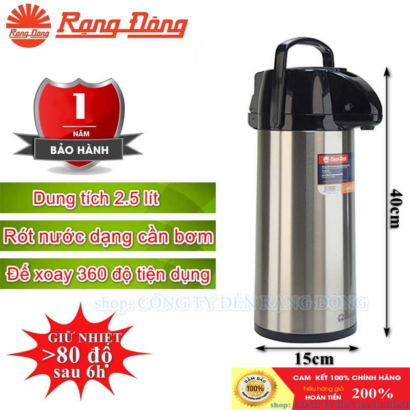 [HÀ NỘI - NHẬN HÀNG LUÔN] Phích đựng nước nóng Rạng Đông Inox cao cấp 2,5 lít, cần bơm rót nước, đế xoay 360 độ