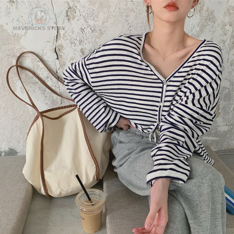 Áo cardigan cổ chữ V dáng rộng họa tiết kẻ sọc phong cách Hàn Quốc thời trang mùa hè cho nữ