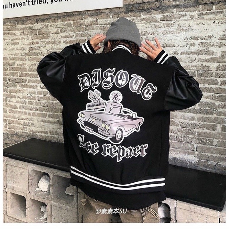 Áo Bomber Phối Tay Da Hình Ôto 🦋 Áo Khoác Nam Nữ Unisex Dáng Rộng Cúc Bấm 🦋