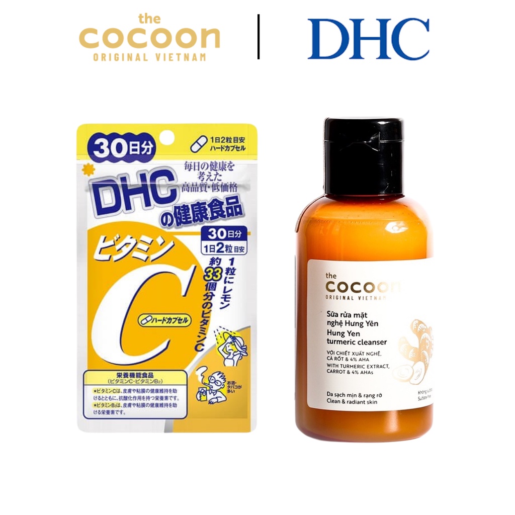 Combo sáng da, mờ thâm, ngừa mụn từ trong ra ngoài ( Vitamin C - 30 ngày DHC và Sữa rửa Mặt Nghệ Hưng Yên Cocoon 140ml )
