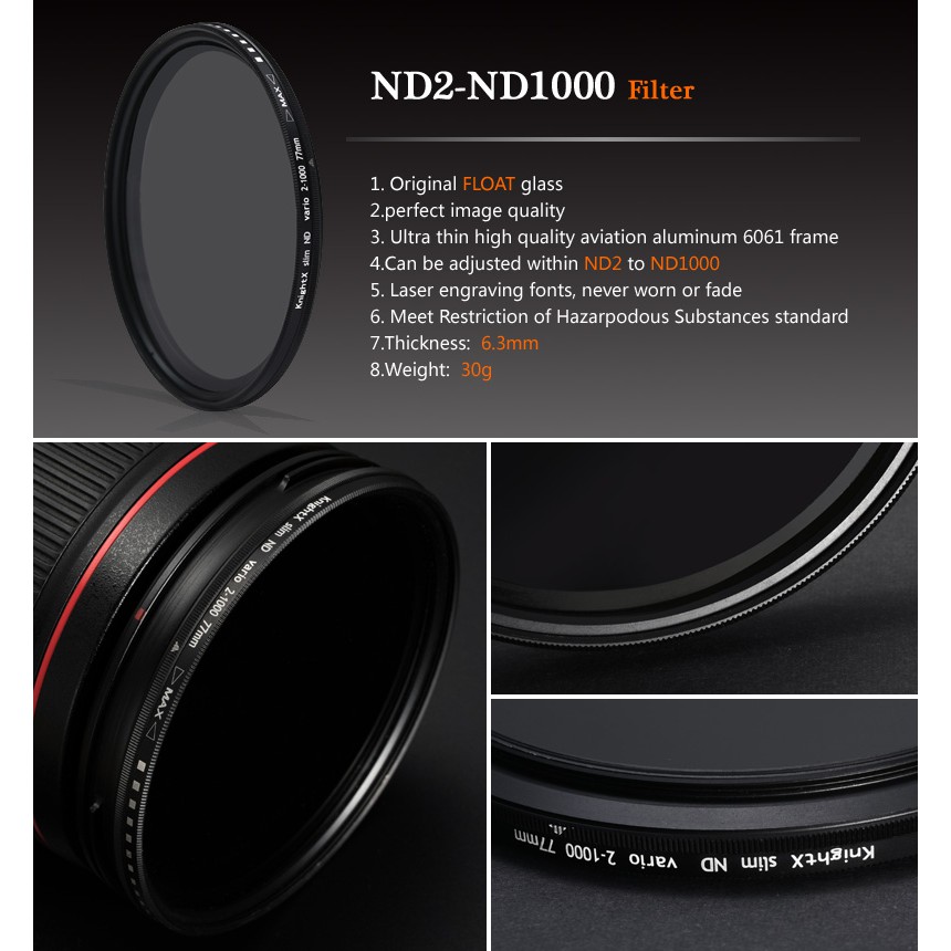 Kính lọc ND2-1000 49mm - 77mm cho máy ảnh 1300d-105 24O ND1000