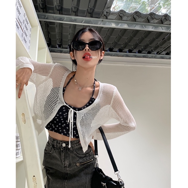 Set Áo Dây Họa Tiết Hoa + Áo Khoác Cardigan Dệt Kim Chống Nắng Cho Nữ