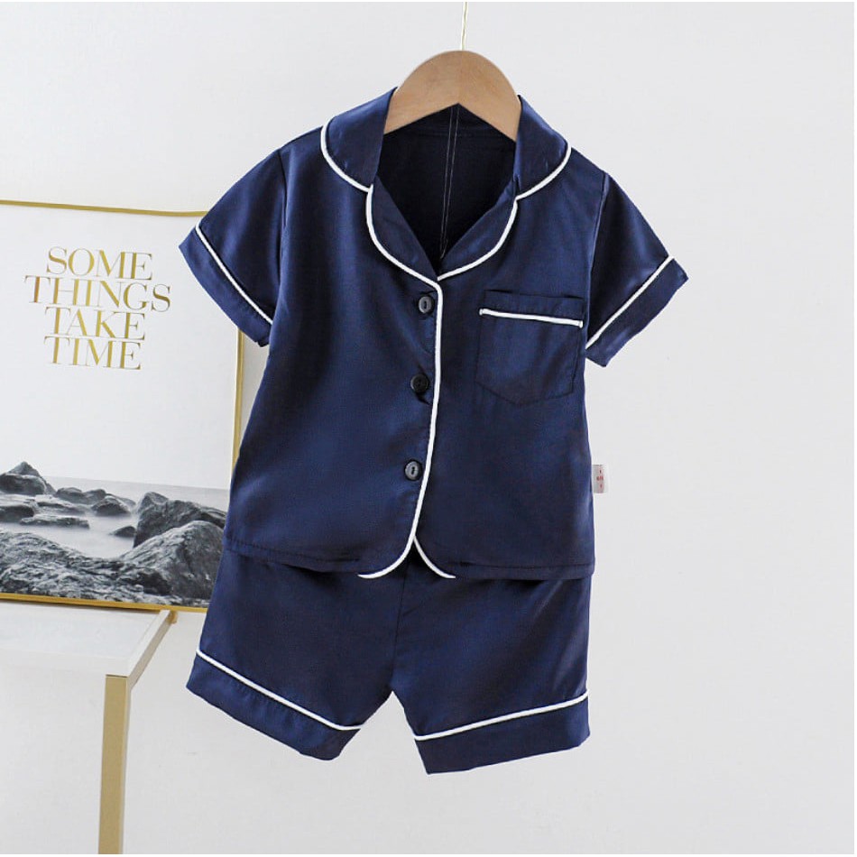 Bộ Pijama Cộc Tay Lụa Trơn Cho Bé Trai, Bé Gái, Bộ Ngủ Mặc Nhà Chất Lụa Satin Cao Cấp Cực Xinh Từ 8-28kg - Kids House