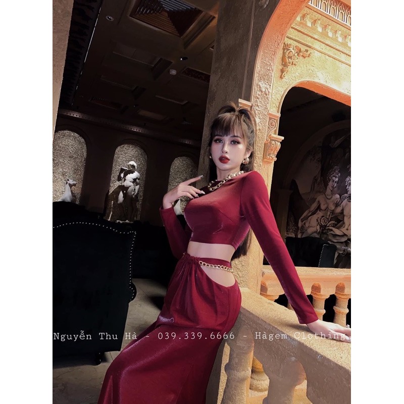 Sét áo croptop tay dài mix kèm chân váy dài cạp chéo khoét hông