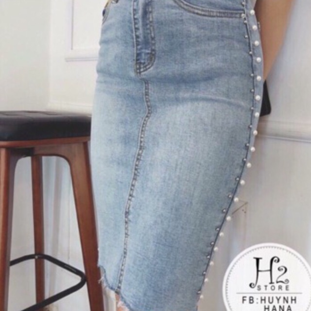CHÂN VÁY JEAN BÚT CHÌ ĐÍNH HẠT
