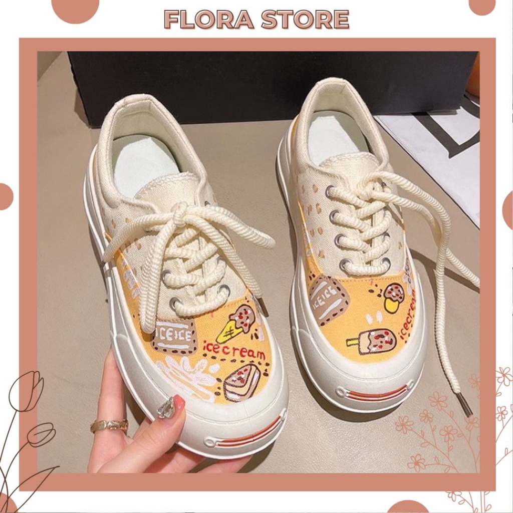 Giày sneaker nữ Giày Thể Thao Vải Canvas Đế Dày Phối Màu In Hoạt Hình Kiểu Hàn Quốc Thời Trang Mùa Hè 2022 FLORA G31