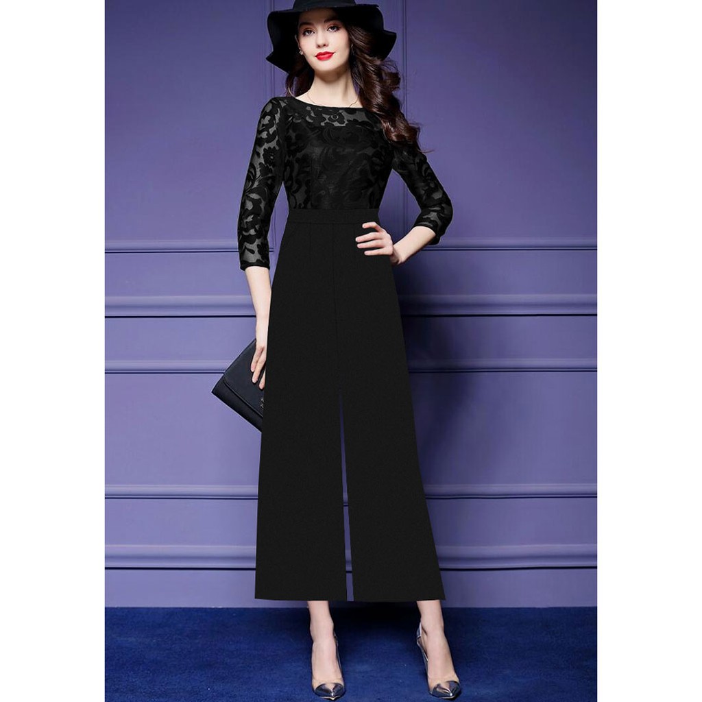 Jumpsuit nữ Dài Ống Suông Phối Ren Hoa 3D Xinh Xắn J956