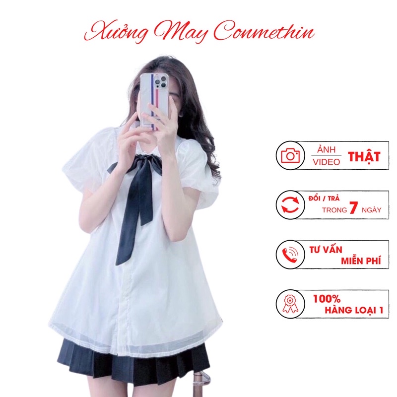 Áo sơ mi voan cổ bèo viền ren thắt nơ dáng xòe, áo babydoll tay bồng màu trắng công chúa ( video/sẵn hàng)