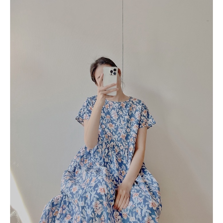 HERS -  Đầm babydoll cotton xanh hoa trắng