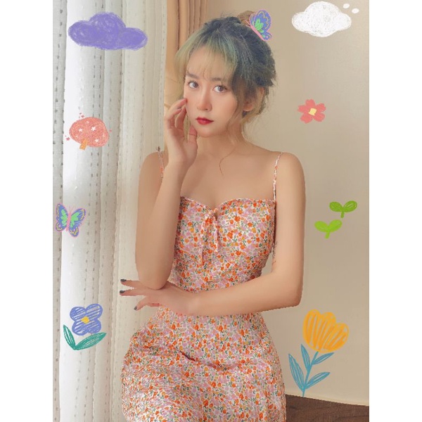 Váy hai dây hoa nhí cam rút dây ngực Mandarine dress | BigBuy360 - bigbuy360.vn