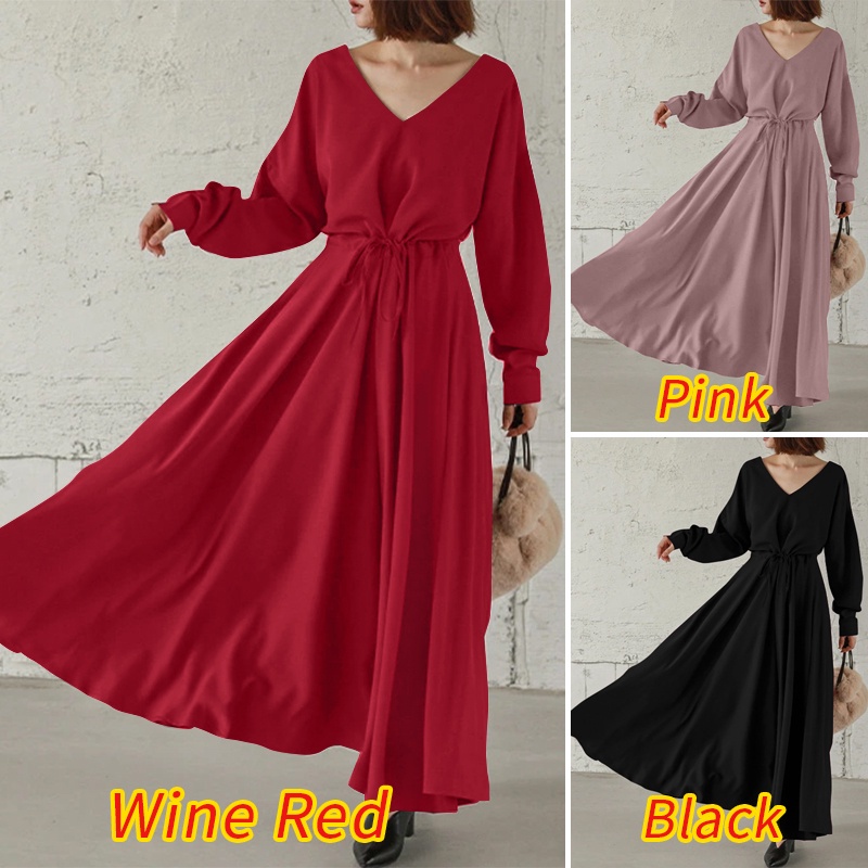 Đầm maxi ZANZEA cổ chữ v tay dài eo cao rút dây thời trang thường ngày cho phụ nữ