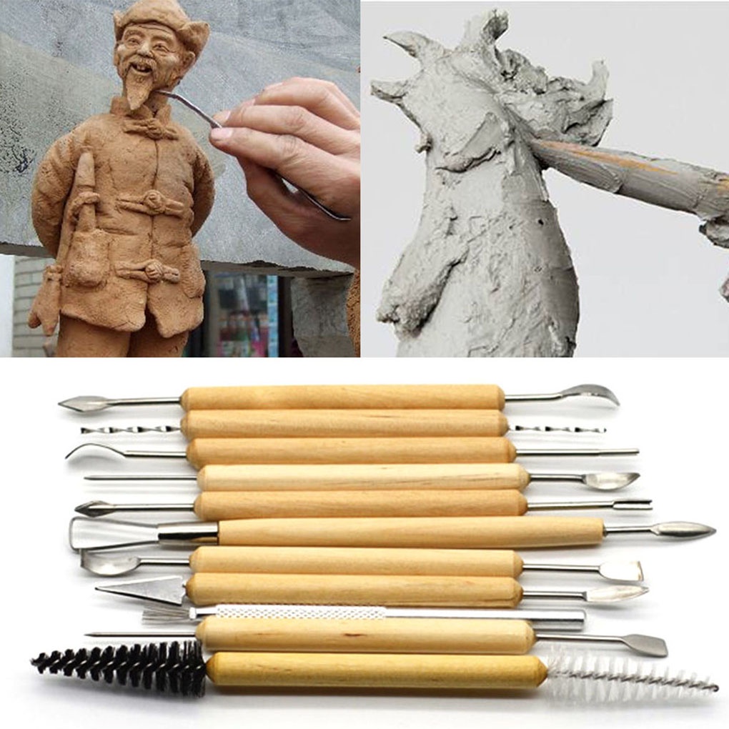 [Hàng mới về] 11 Dụng cụ tạo hình điêu khắc đất sét với tay cầm gỗ cho người mới bắt đầu