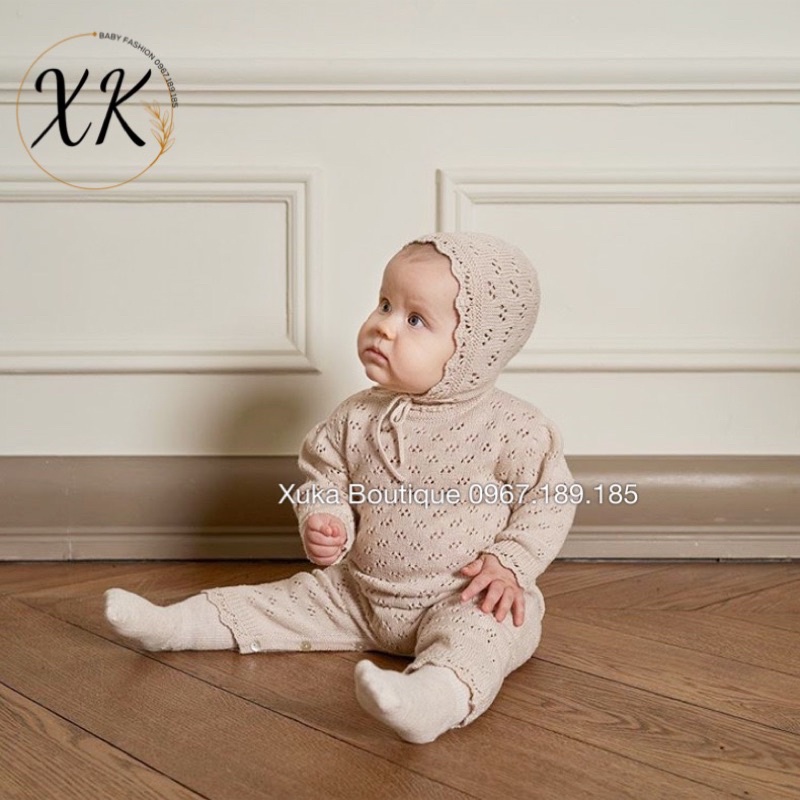 Bodysuit Len Dài Tay Kèm Mũ Angou Cao Cấp Cho Bé , Bodysuit Len Cho Bé Trai Bé Gái Từ 5 Đến 16Kg Xuka Boutique