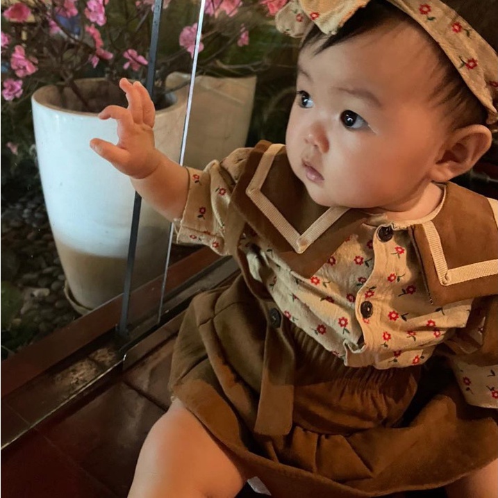 Set áo thô váy yếm thủy thủ nhung tăm kèm turban bé gái 1 2 3 4 tuổi MINTSCLOSET Mint's Closet - GS1042