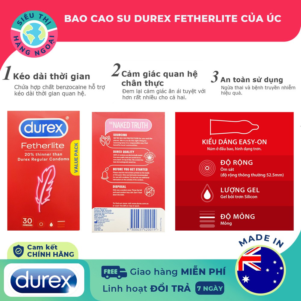 Bao Cao Su Durex Fetherlite Siêu Mỏng (Hộp 30 Chiếc) Hàng ÚC (Siêu Thị Hàng Ngoại)