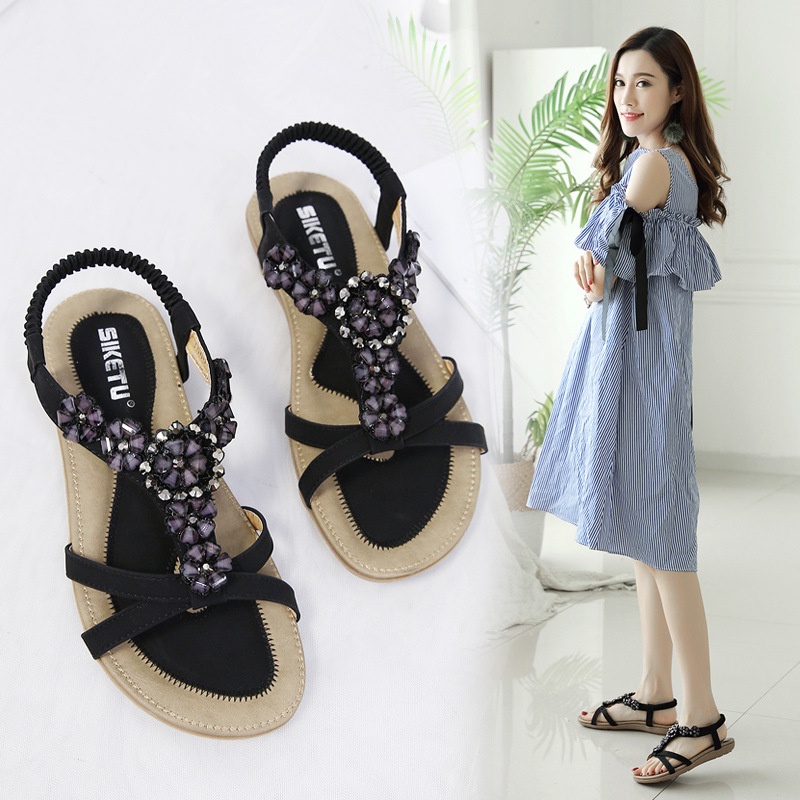Giày Sandal Đế Bằng Đính Đá Hình Hoa Thời Trang Cho Nữ Size 41-42