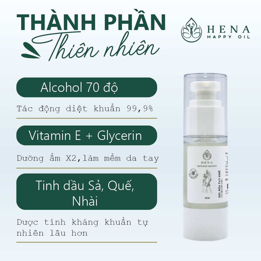 Gel rửa tay khô Kháng Khuẩn cao cấp Hena - Dưỡng ẩm, hương thơm tự nhiên từ tinh dầu - 30ml | BigBuy360 - bigbuy360.vn