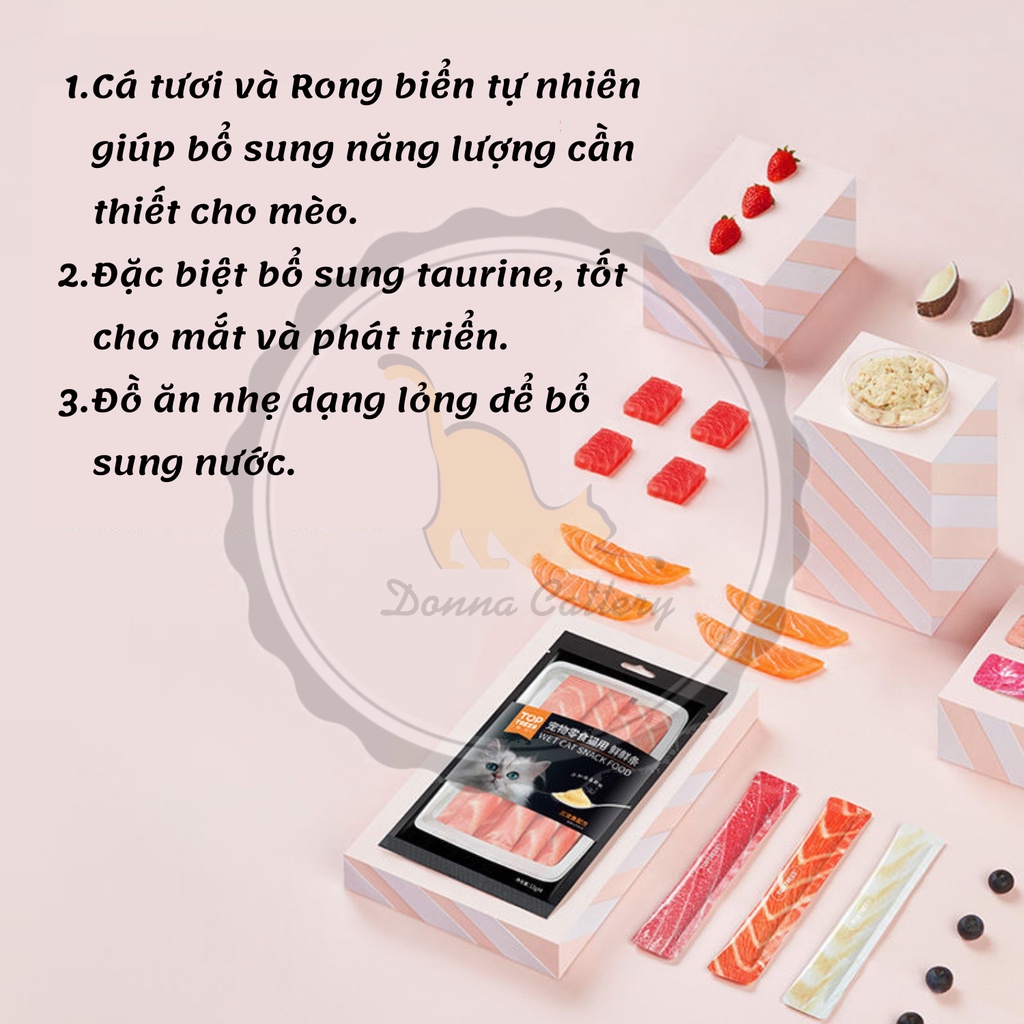 SÚP THƯỞNG TOPTREES CHO MÈO CÁ NGỪ THỊT GÀ CÁ TUYẾT CÁ HỒI GÓI 12g * 4 THANH